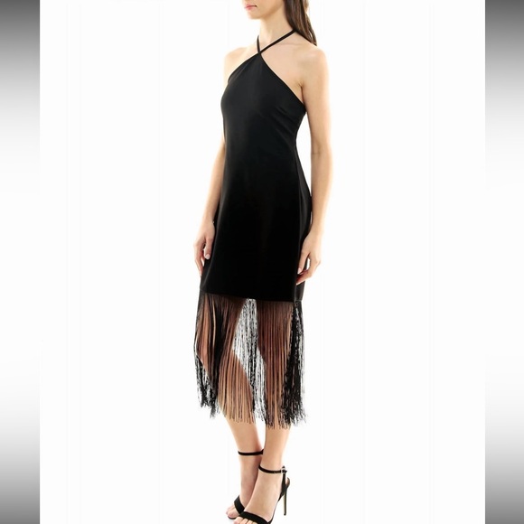 NICOLE MILLER Wren Fringe Halter Midi Dress Black Size 12 - Picture 3 of 8